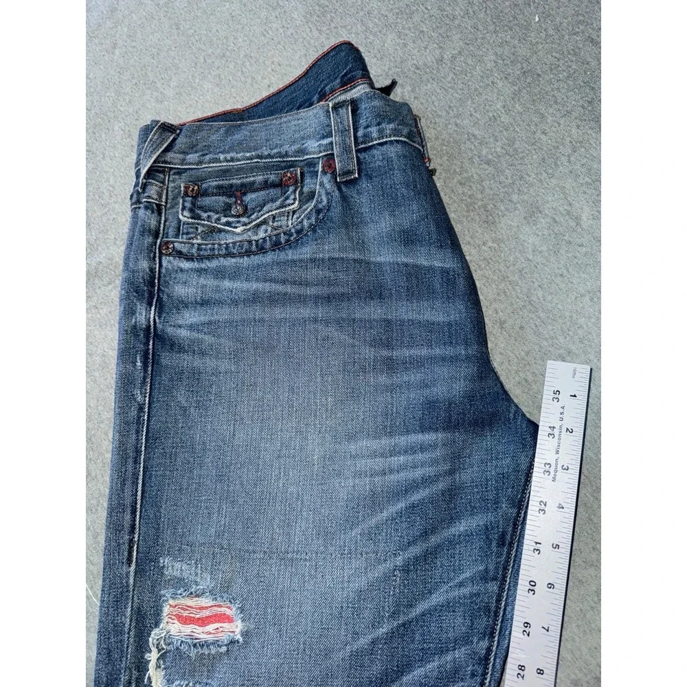 True Religion Mens Geno Relaxed Slim Distressed Dark Wash Blue‎ Size 38